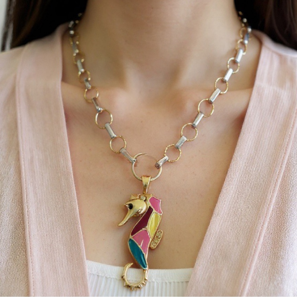 Vibrant Seahorse Pendant Magnetic Bale with Mixed Link Necklace